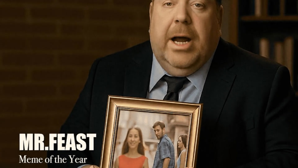 MrFeast holds a framed photograph during his retrospective interview