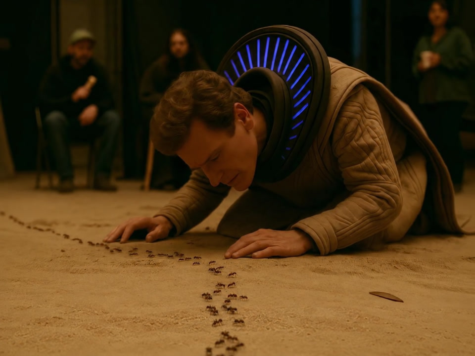An actor in a futuristic costume leans down to listen to a line of ants on the sand
