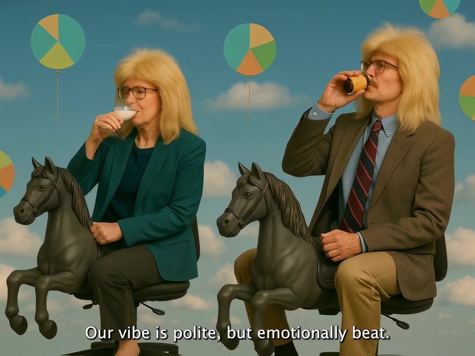 Stuart and Brenda wear blond wigs and sip drinks while sitting on toy horses