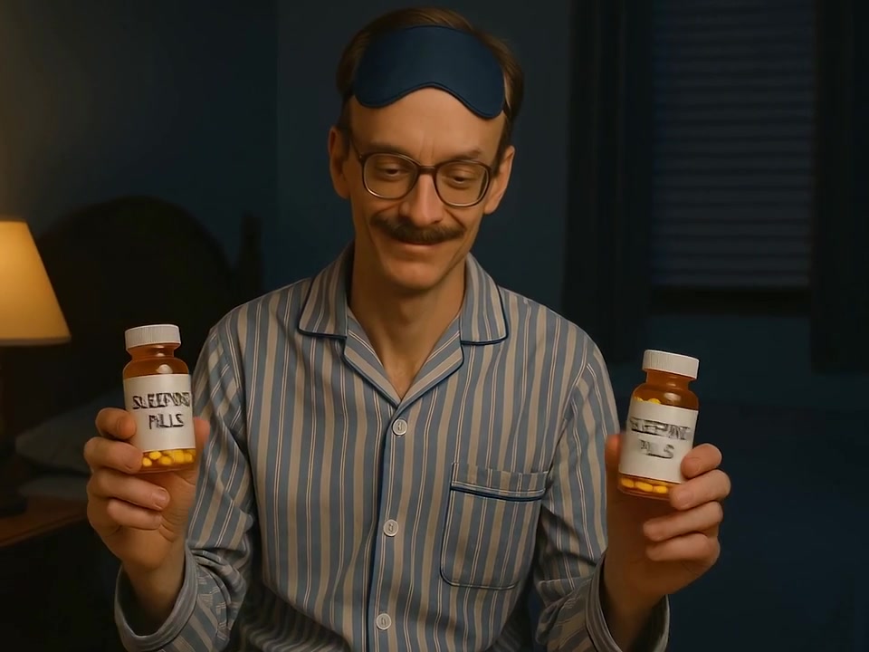 Stuart in striped pajamas and a sleep mask holds two bottles of sleeping pills