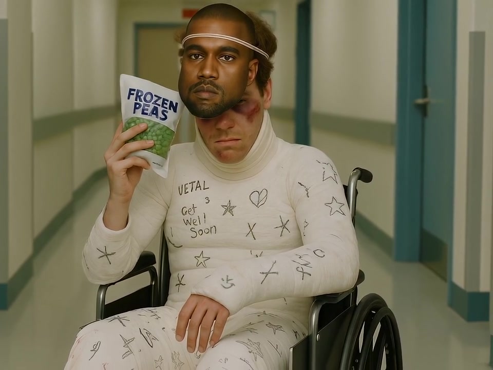 Derrick in a full body cast and wheelchair, holding frozen peas beneath his Kanye mask