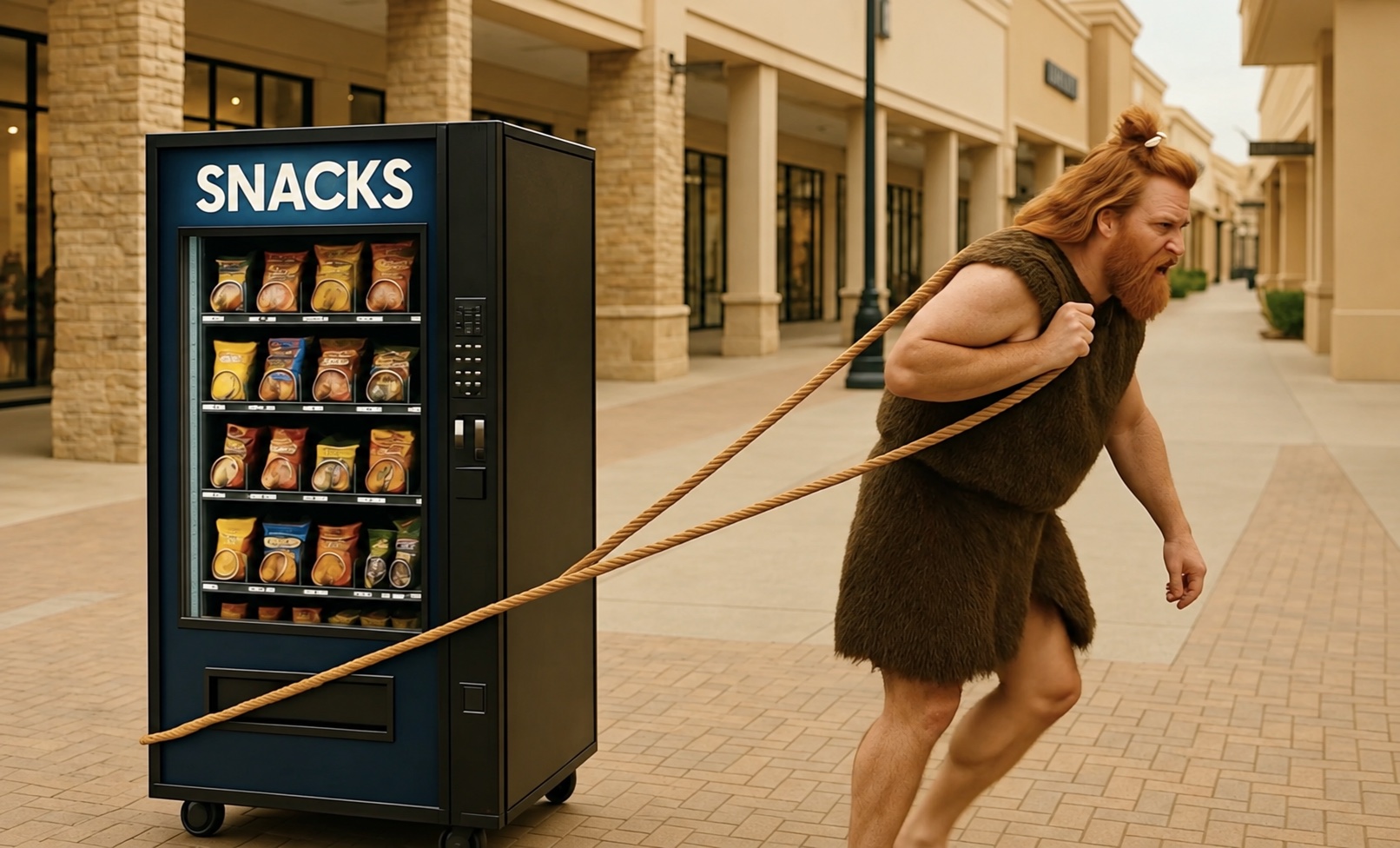 Thorg pulls a snack vending machine along a shopping street with a rope