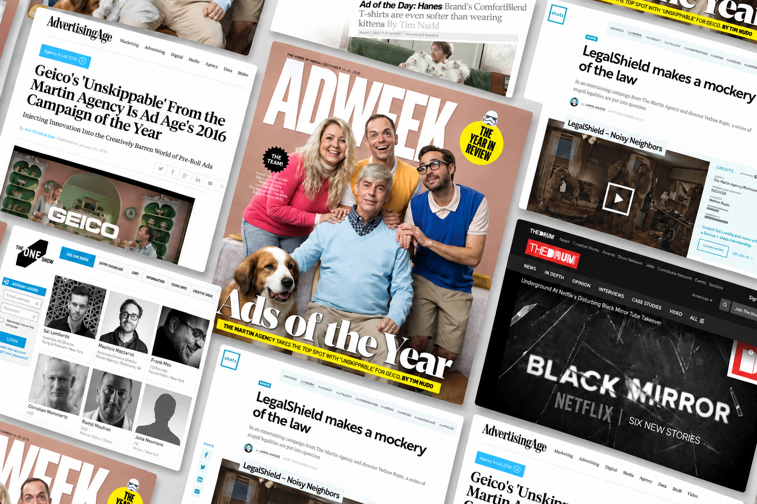 A montage of press coverage and awards, including ADWEEK, Ad Age and Mauricio's One Show jury page