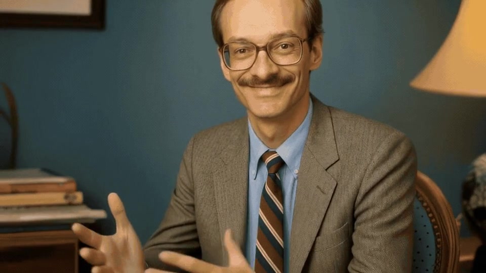 Stuart smiles and gestures in his office