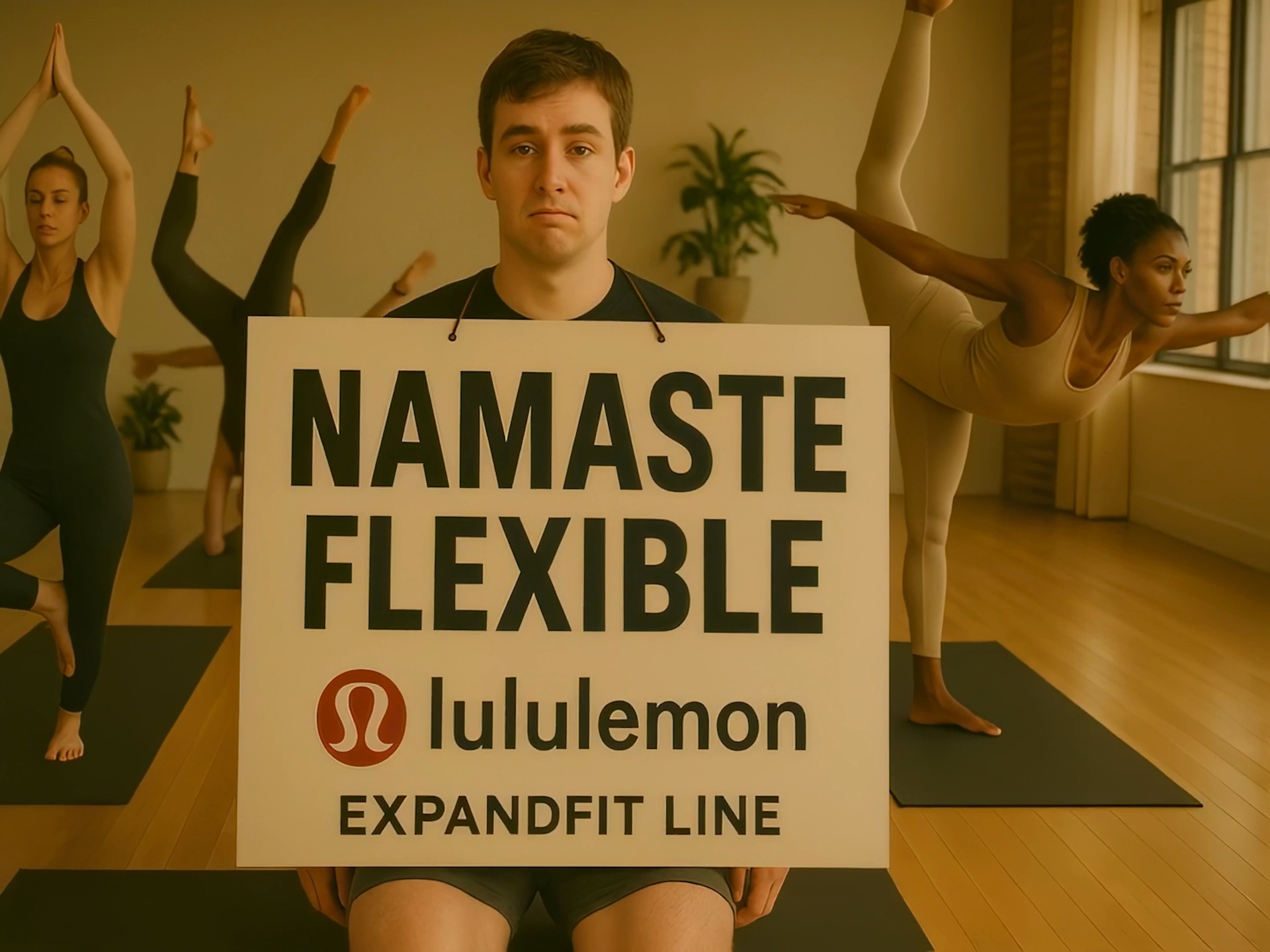 Sellout Man wears a Namaste Flexible advertising sign during a yoga class
