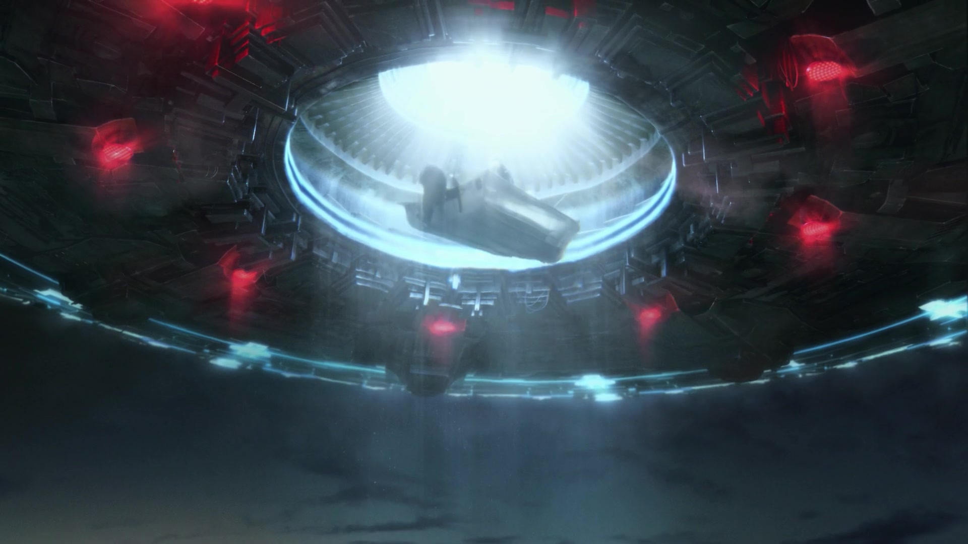 A fishing boat rises into the bright opening beneath a spacecraft.