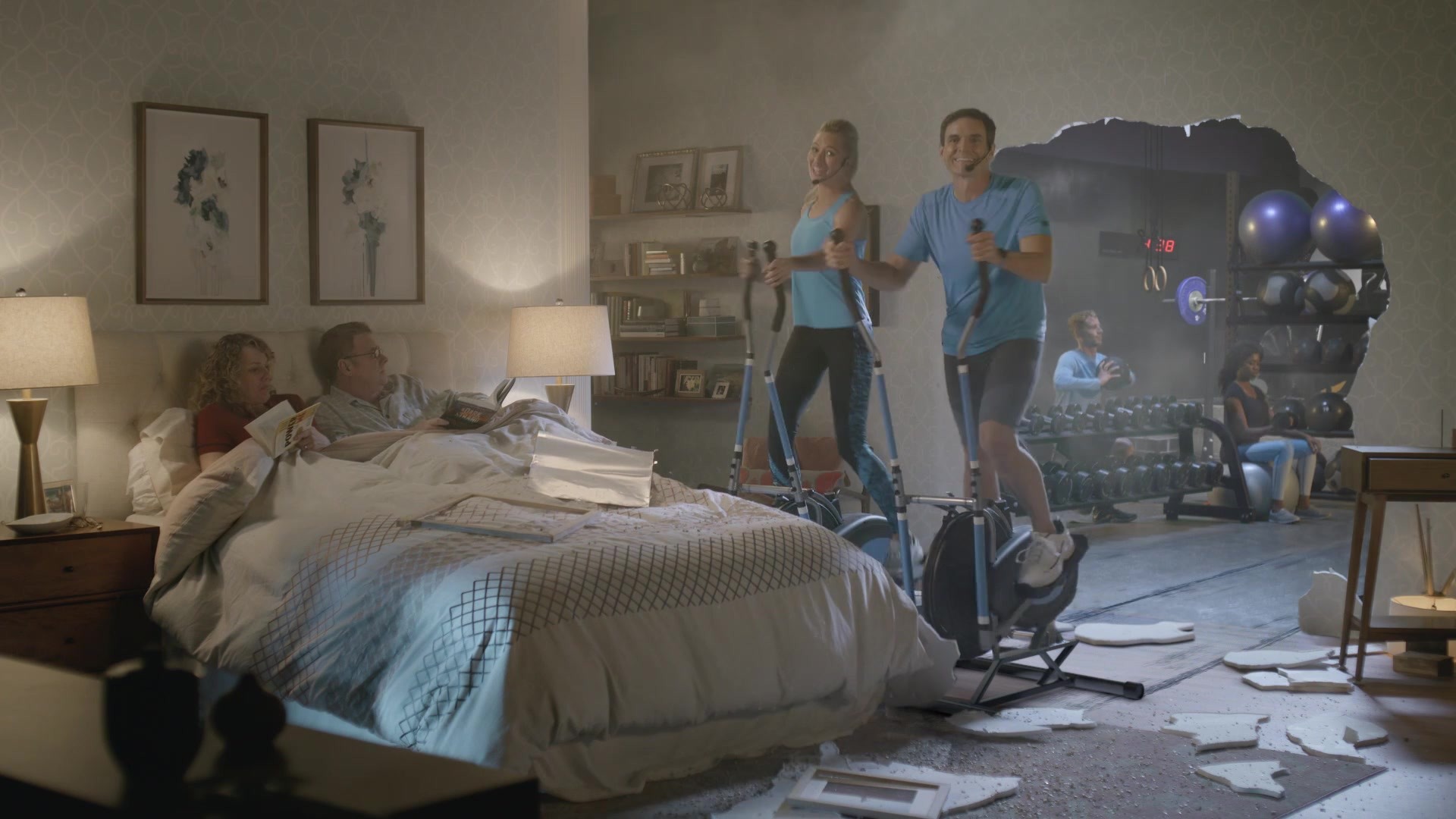Nighty-Night — Workout instructors on elliptical machines have burst into a couple’s bedroom