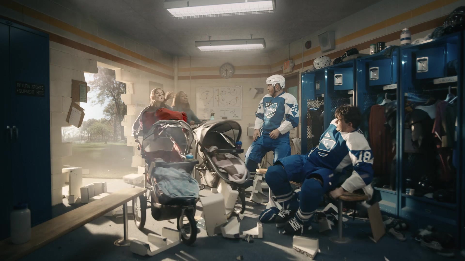 Skate Expectsavings — Mothers with strollers burst through hockey locker room wall