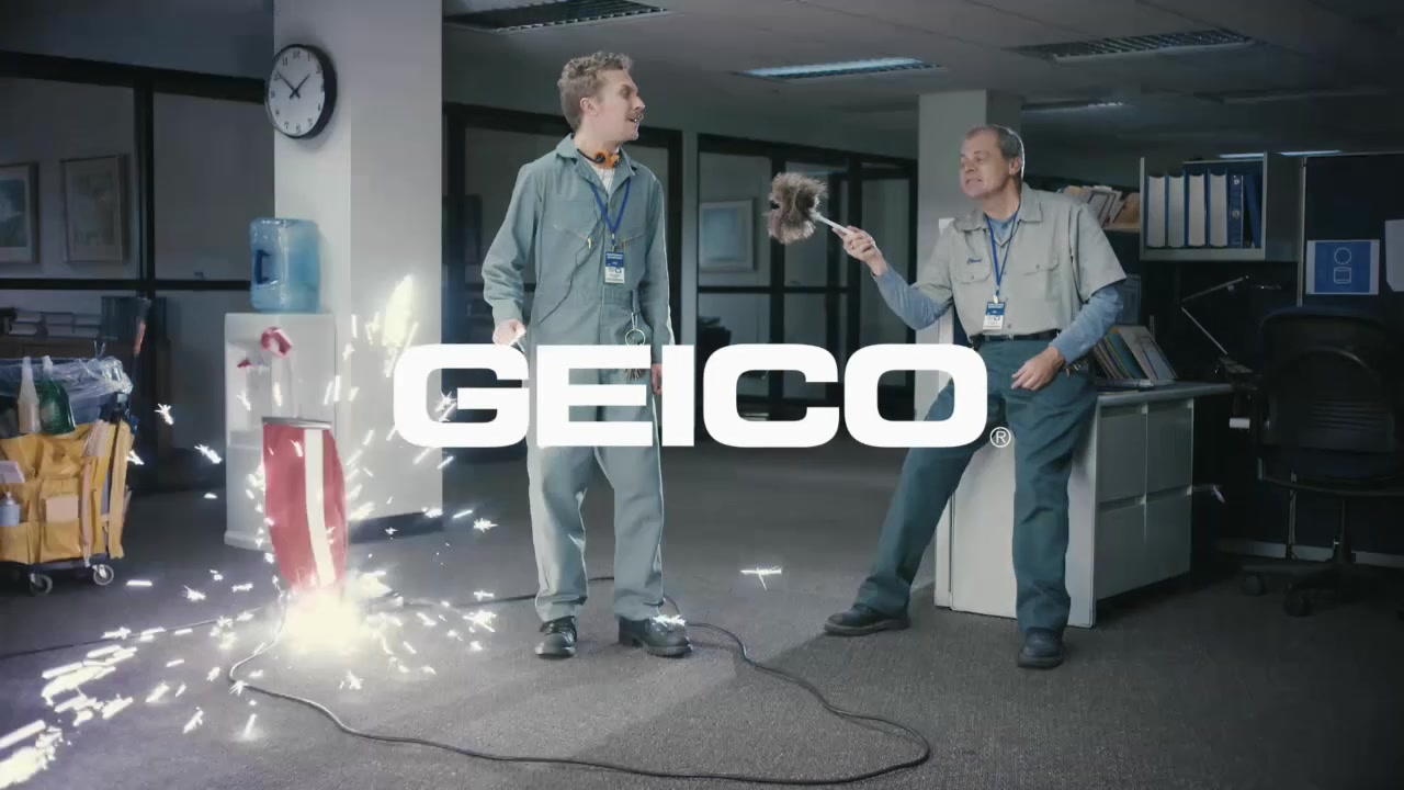 Cleaning Crew — a runaway vacuum showers sparks beside the two frozen janitors